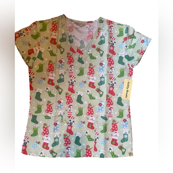 Cat and Dog Christmas Scrub Top - Green - Picture 1 of 3